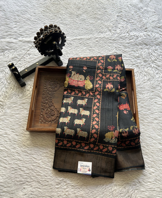Pure Tussar Silk Saree Black Color Complemented with a Zari Border. - Sampradaya Designer Studio