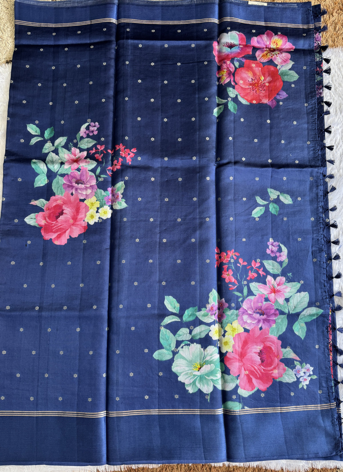 Pure Chiniya Silk Saree Navy Blue Colored Elegantly Paired with a Gold Zari Border.
