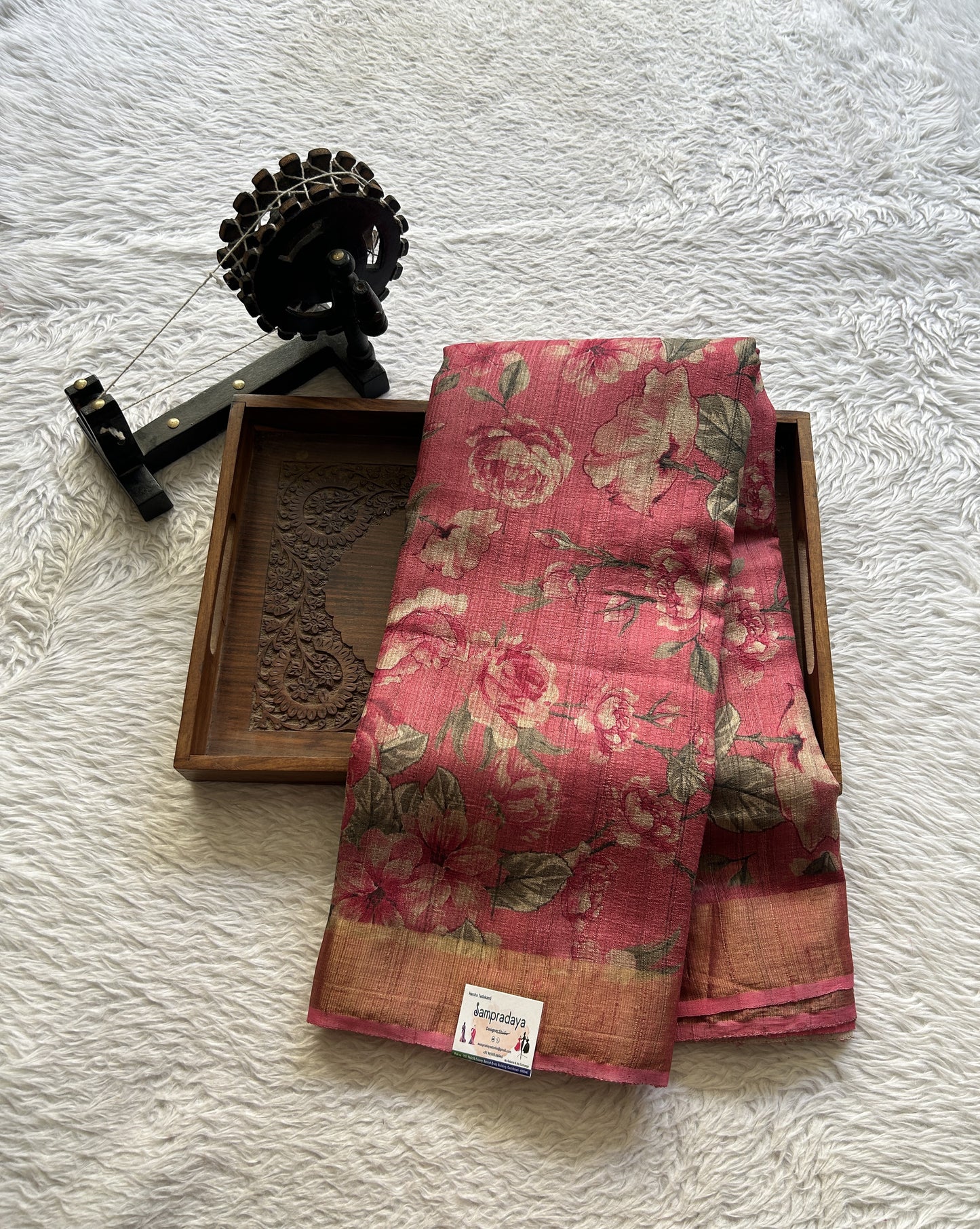 Pure Tussar Silk Saree Ruby Pink Color Complemented with a Zari Border. - Sampradaya Designer Studio
