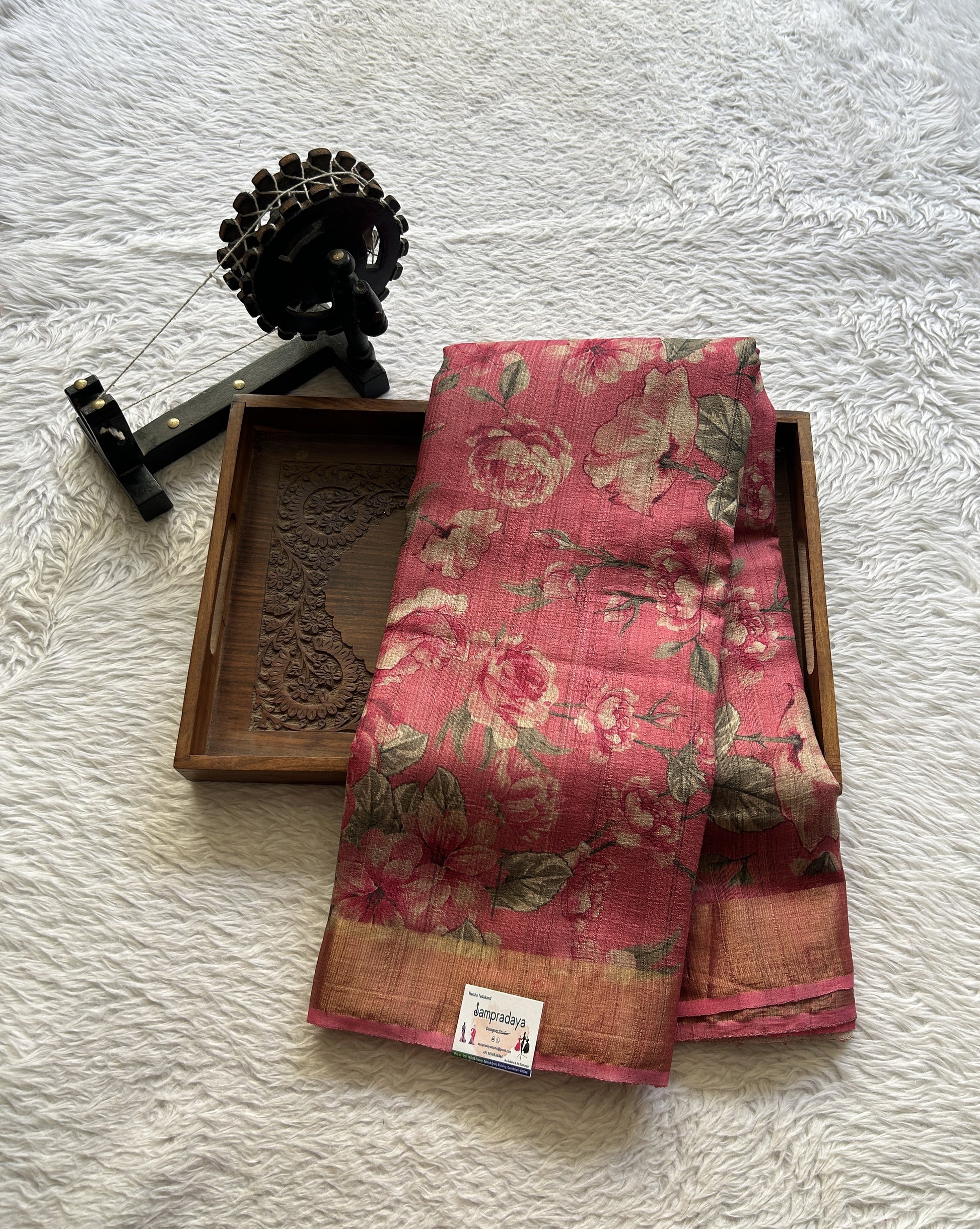 Pure Tussar Silk Saree Ruby Pink Color Complemented with a Zari Border. - Sampradaya Designer Studio