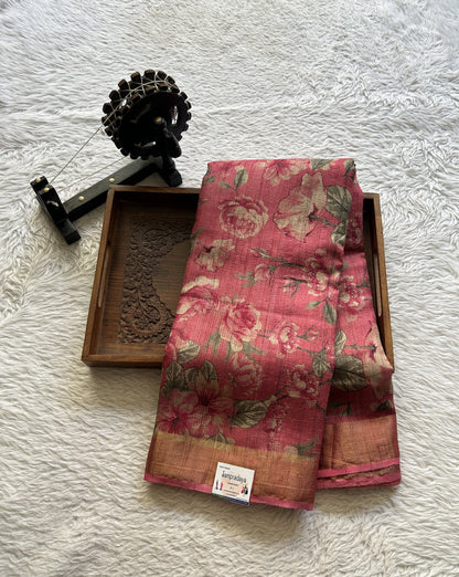 Pure Tussar Silk Saree Ruby Pink Color Complemented with a Zari Border. - Sampradaya Designer Studio