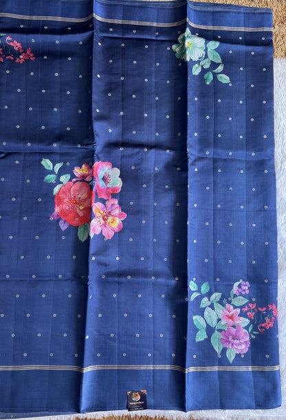 Pure Chiniya Silk Saree Navy Blue Colored Elegantly Paired with a Gold Zari Border.