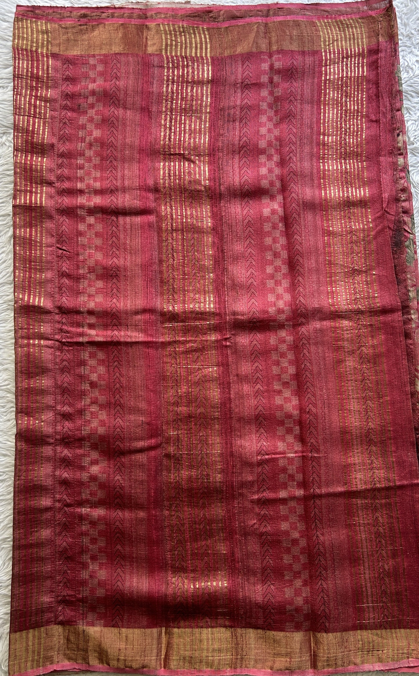 Pure Tussar Silk Saree Ruby Pink Color Complemented with a Zari Border. - Sampradaya Designer Studio