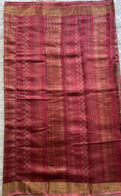 Pure Tussar Silk Saree Ruby Pink Color Complemented with a Zari Border. - Sampradaya Designer Studio