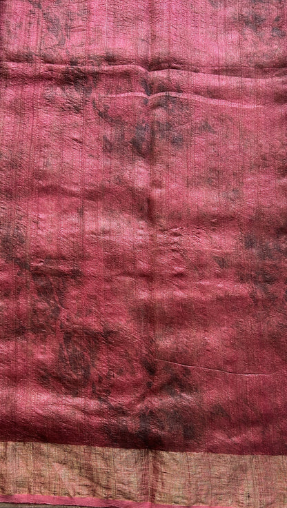 Pure Tussar Silk Saree Ruby Pink Color Complemented with a Zari Border. - Sampradaya Designer Studio