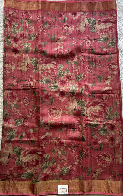 Pure Tussar Silk Saree Ruby Pink Color Complemented with a Zari Border. - Sampradaya Designer Studio