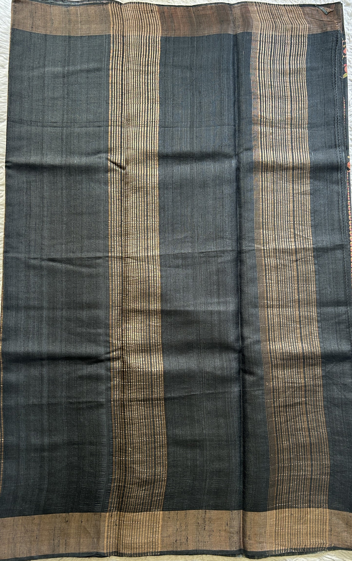 Pure Tussar Silk Saree Black Color Complemented with a Zari Border. - Sampradaya Designer Studio