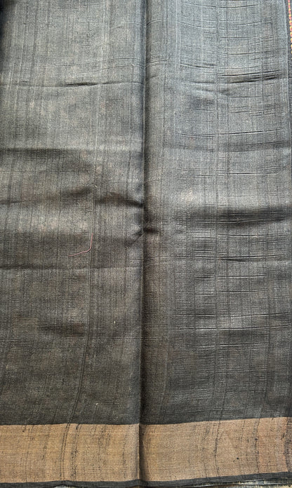 Pure Tussar Silk Saree Black Color Complemented with a Zari Border. - Sampradaya Designer Studio
