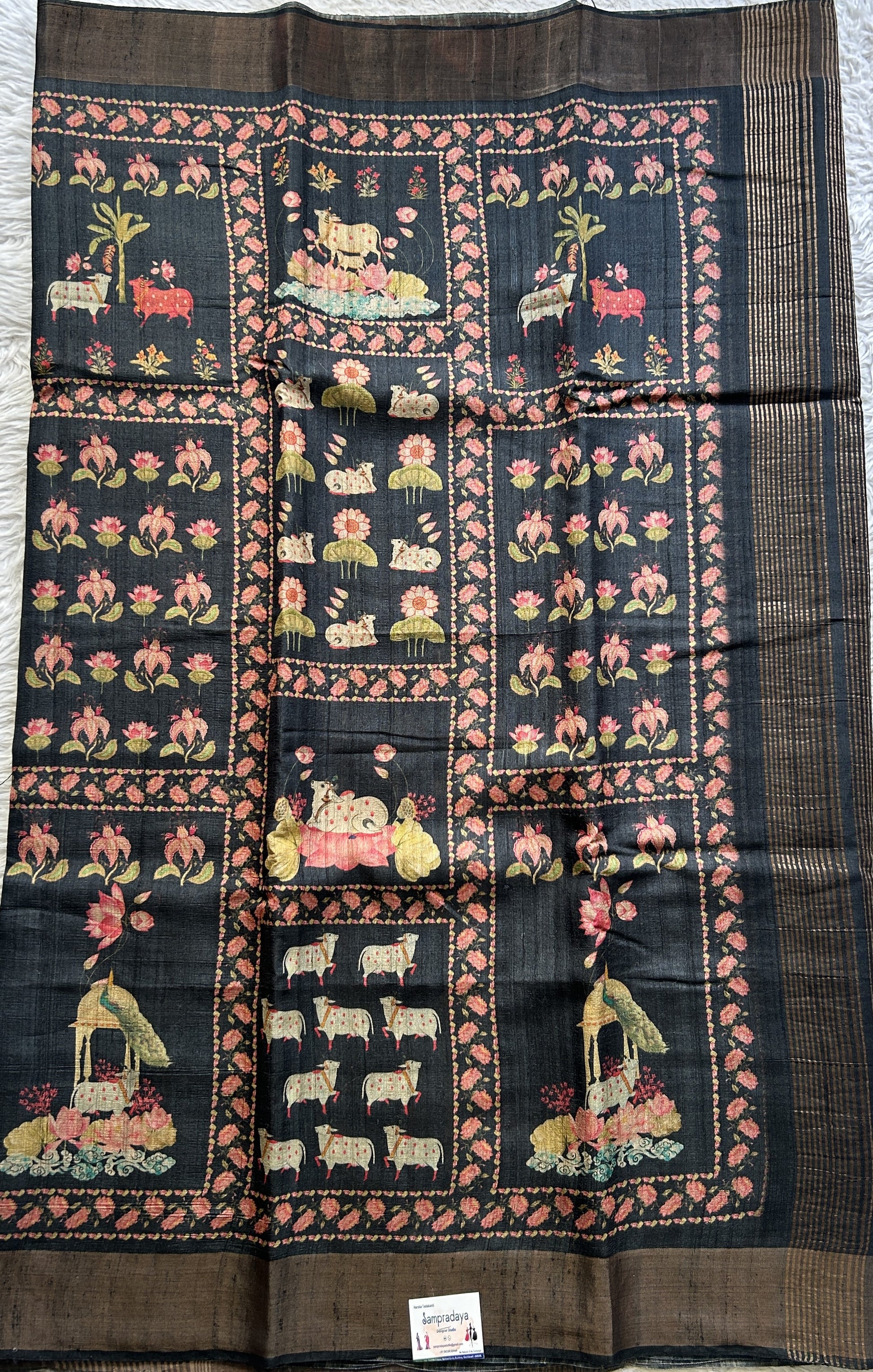 Pure Tussar Silk Saree Black Color Complemented with a Zari Border. - Sampradaya Designer Studio
