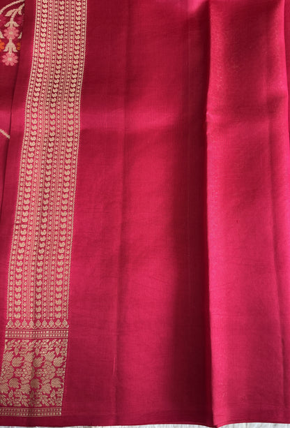 Pure Chiniya Silk Saree Rani Pink Colored Elegantly Paired with a Gold Zari Border.