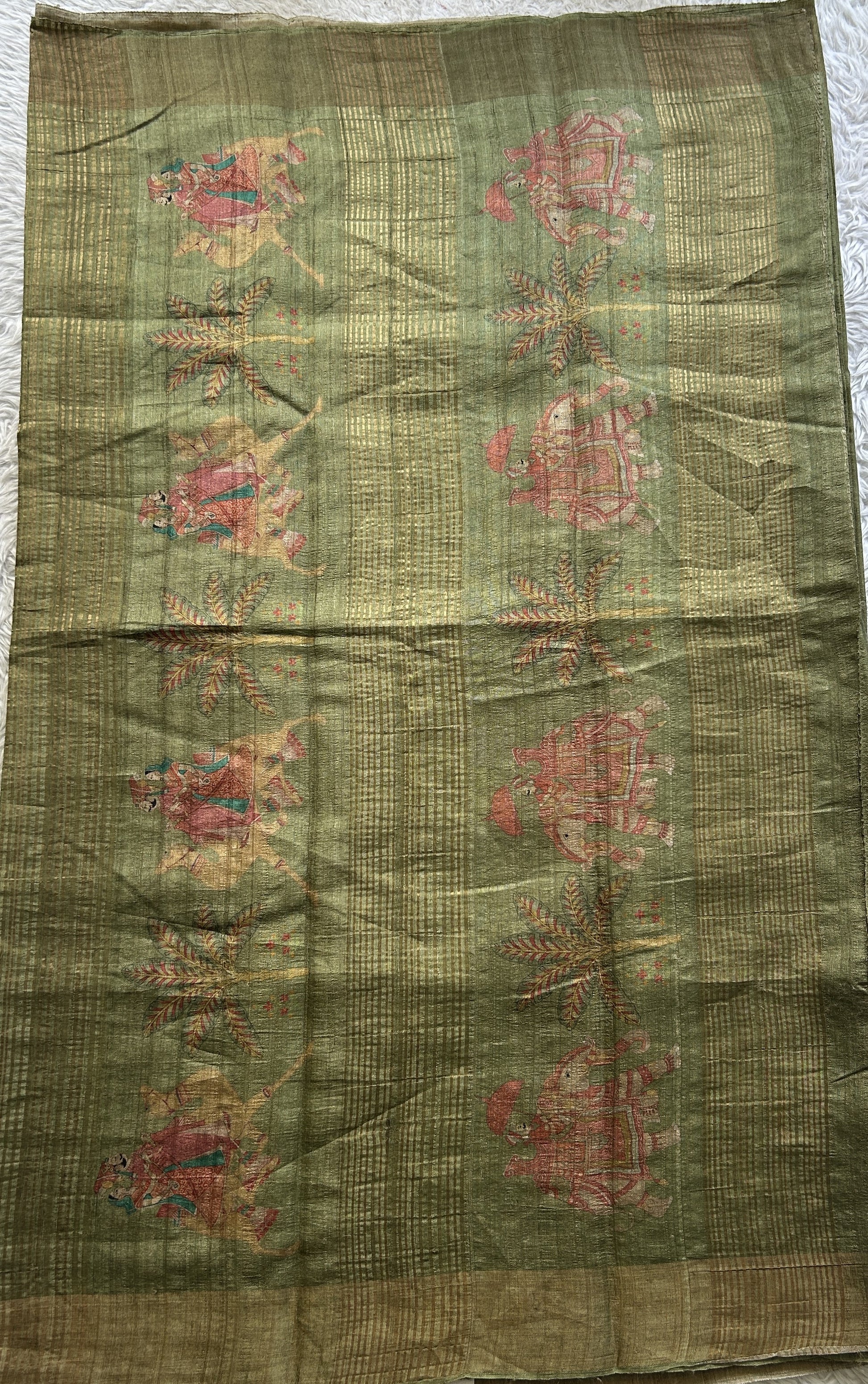 Pure Tussar Silk Saree Olive Green Color Complemented with a Zari Border. - Sampradaya Designer Studio