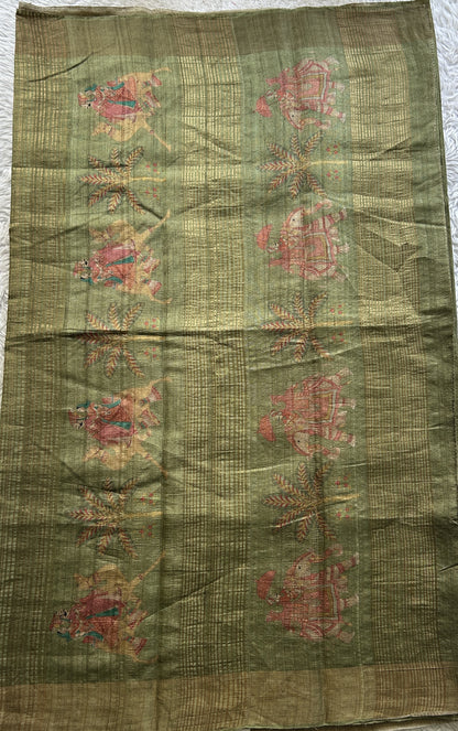 Pure Tussar Silk Saree Olive Green Color Complemented with a Zari Border. - Sampradaya Designer Studio