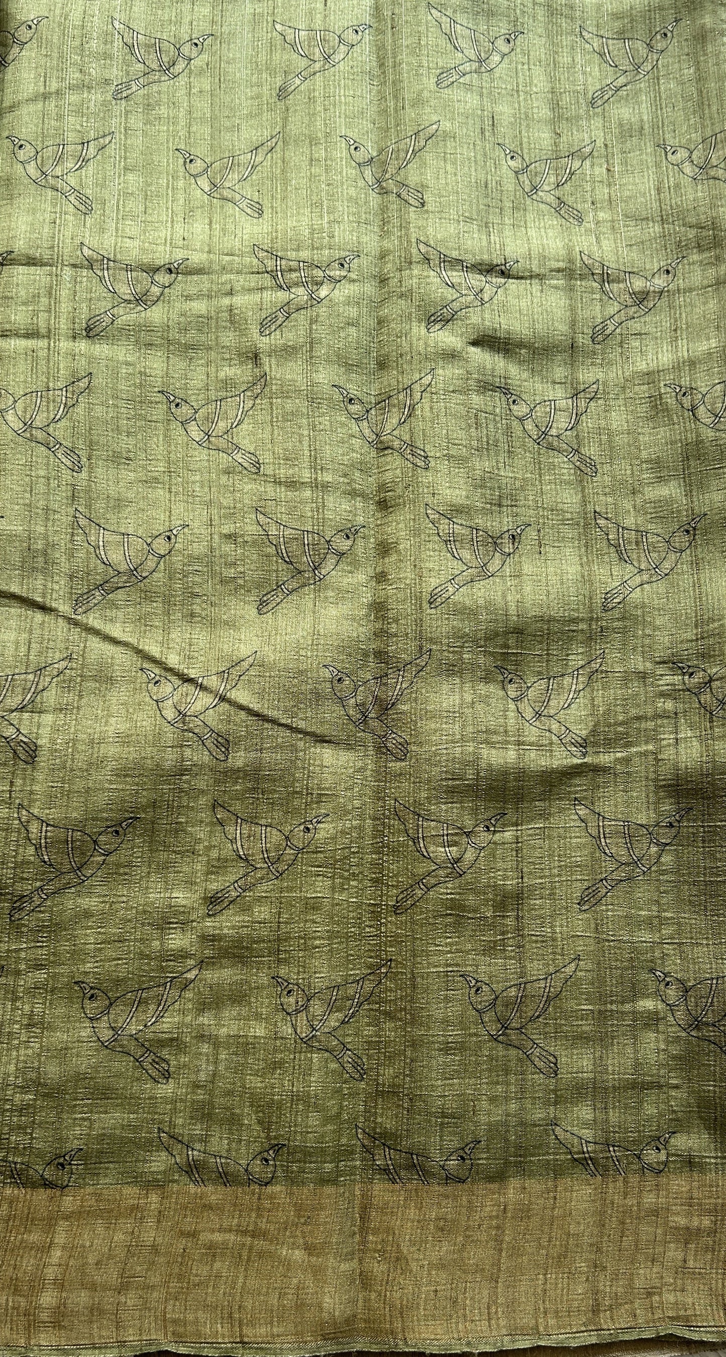 Pure Tussar Silk Saree Olive Green Color Complemented with a Zari Border. - Sampradaya Designer Studio