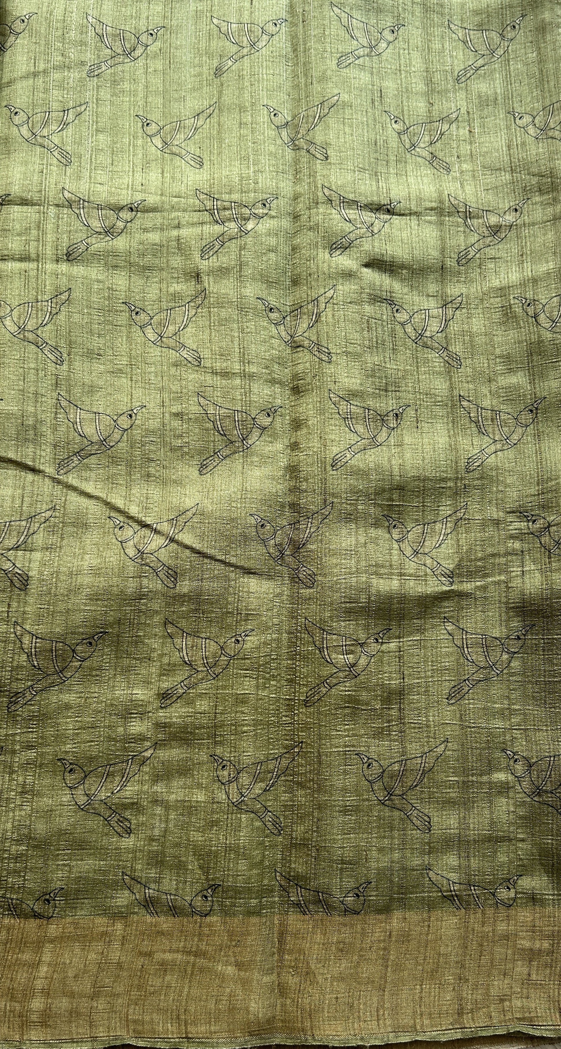 Pure Tussar Silk Saree Olive Green Color Complemented with a Zari Border. - Sampradaya Designer Studio