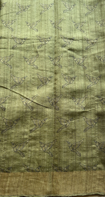 Pure Tussar Silk Saree Olive Green Color Complemented with a Zari Border. - Sampradaya Designer Studio