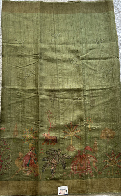 Pure Tussar Silk Saree Olive Green Color Complemented with a Zari Border. - Sampradaya Designer Studio