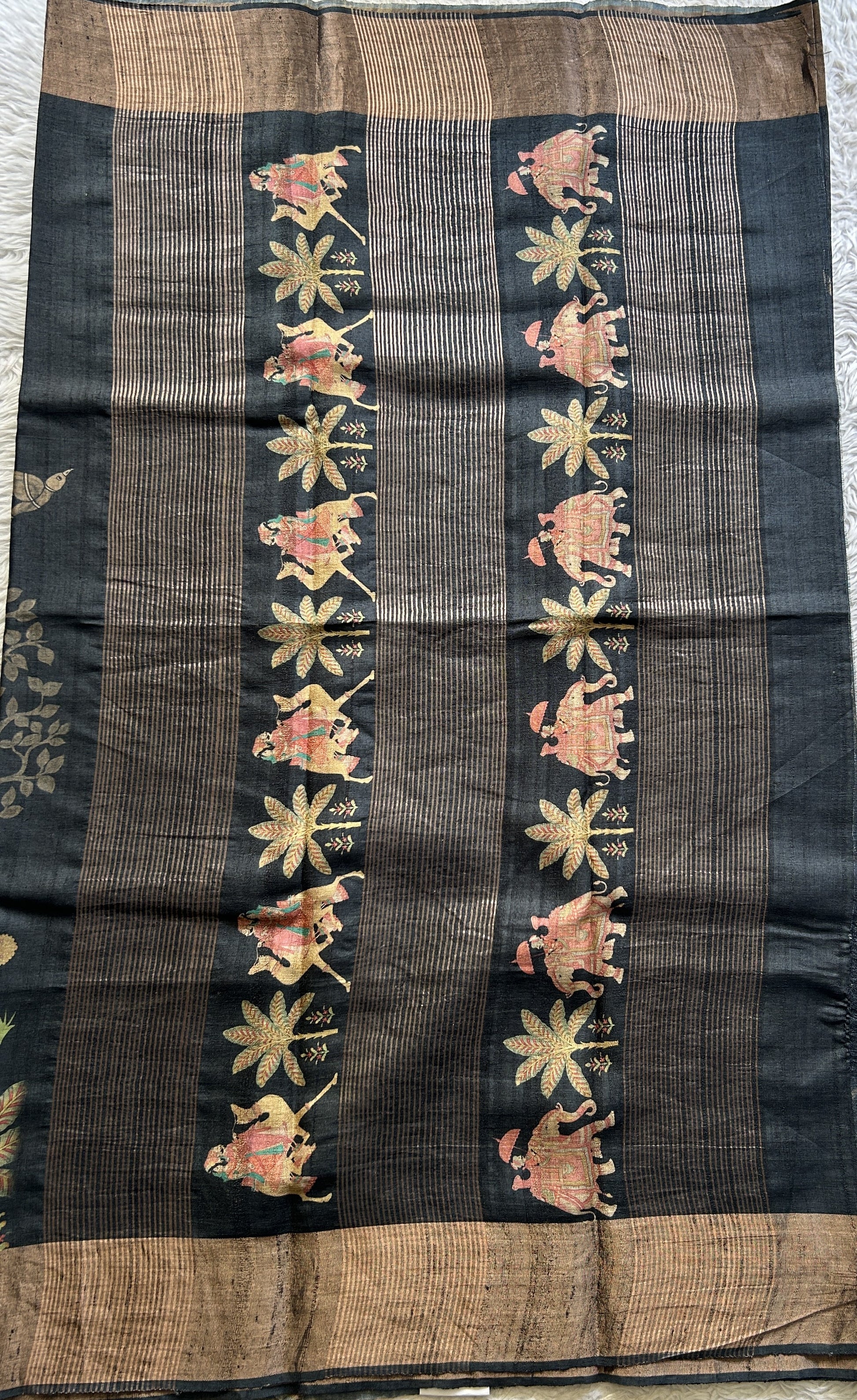 Pure Tussar Silk Saree Charcoal Color Complemented with a Zari Border. - Sampradaya Designer Studio