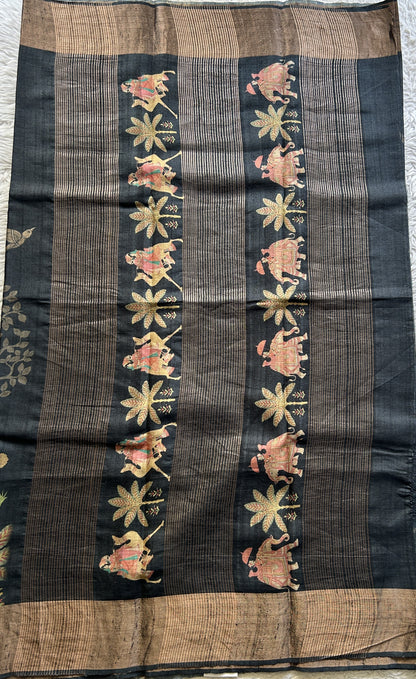 Pure Tussar Silk Saree Charcoal Color Complemented with a Zari Border. - Sampradaya Designer Studio