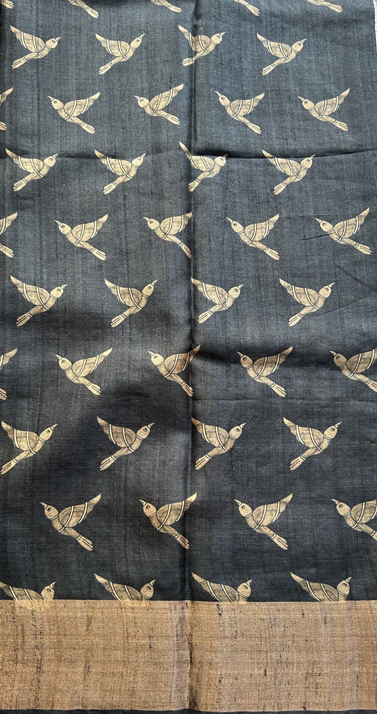 Pure Tussar Silk Saree Charcoal Color Complemented with a Zari Border. - Sampradaya Designer Studio