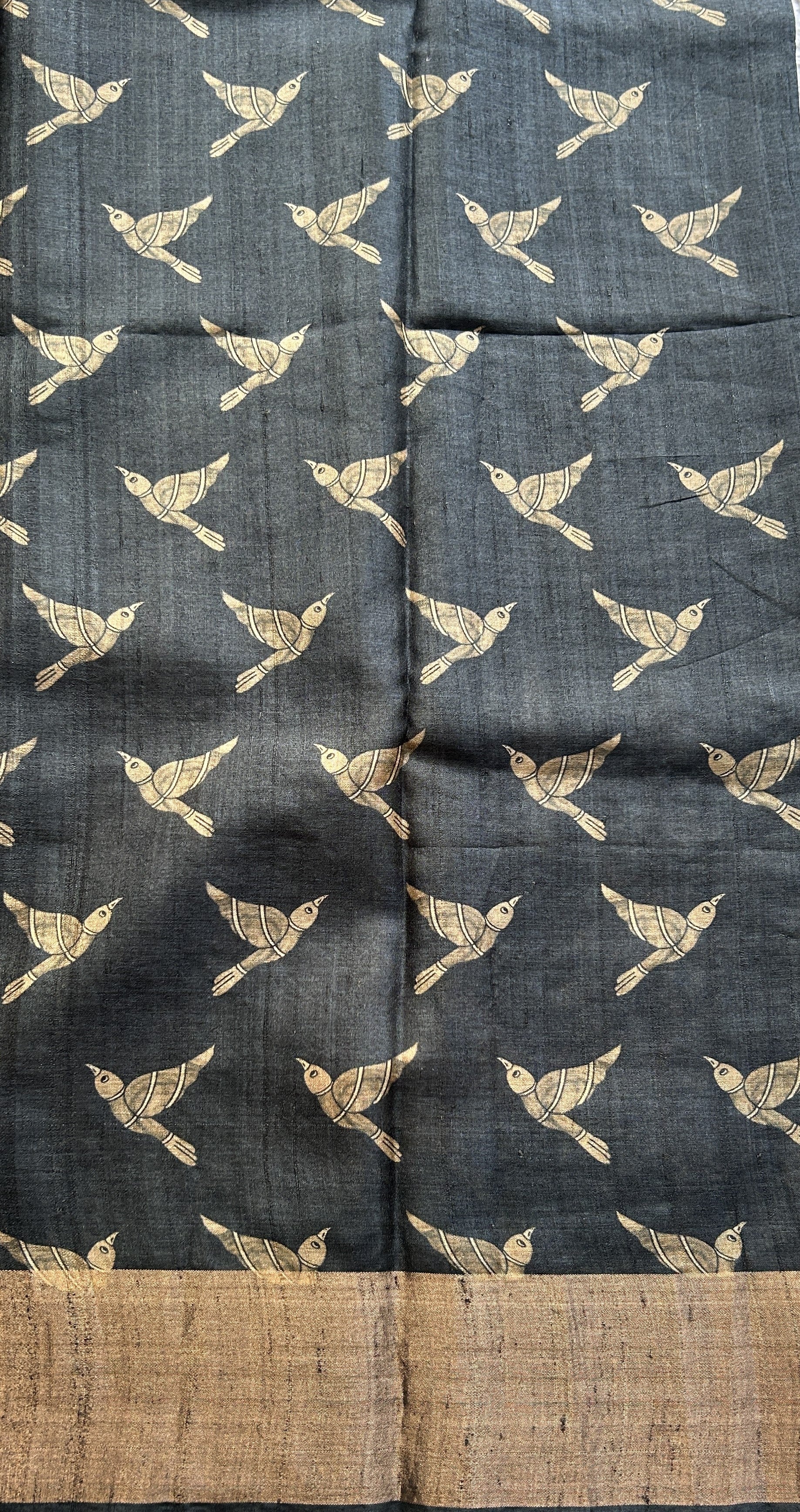 Pure Tussar Silk Saree Charcoal Color Complemented with a Zari Border. - Sampradaya Designer Studio
