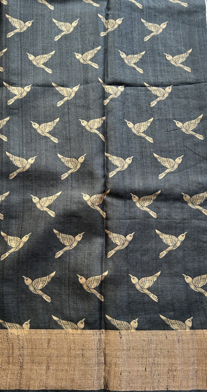 Pure Tussar Silk Saree Charcoal Color Complemented with a Zari Border. - Sampradaya Designer Studio