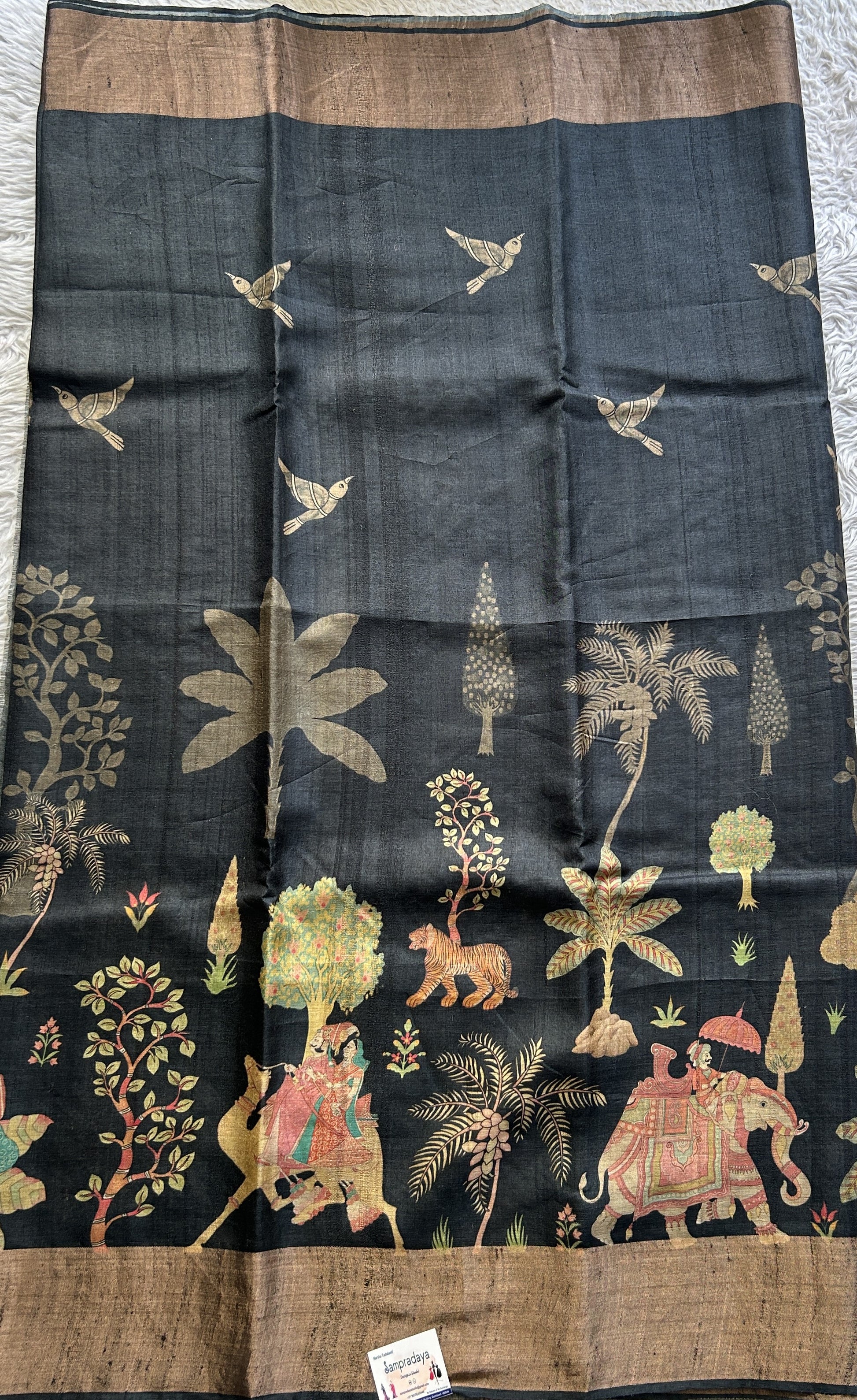 Pure Tussar Silk Saree Charcoal Color Complemented with a Zari Border. - Sampradaya Designer Studio