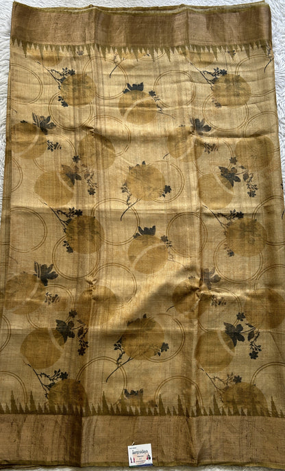 Pure Tussar Silk Saree Light Brown Color Complemented with a Zari Border. - Sampradaya Designer Studio