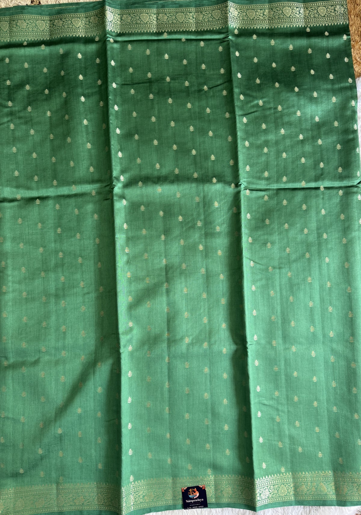 Pure Chiniya Silk Saree Sea Green Colored Elegantly Paired with a Gold Zari Border.
