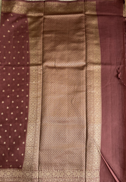 Pure Chiniya Silk Saree Walnut PColored Elegantly Paired with a Gold Zari Border.