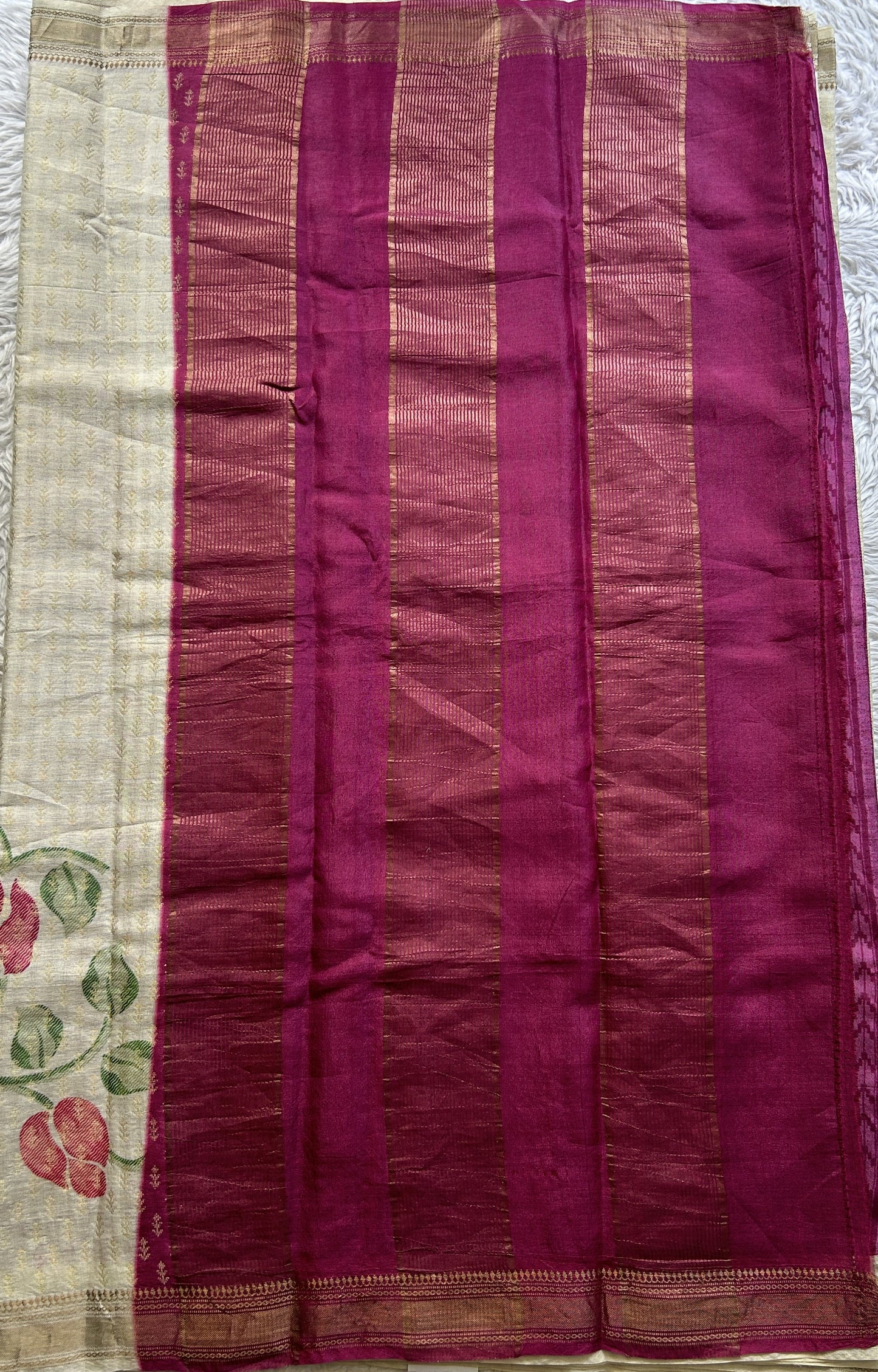 Pure Tussar Silk Saree Cream Color Complemented with a Zari Border. - Sampradaya Designer Studio