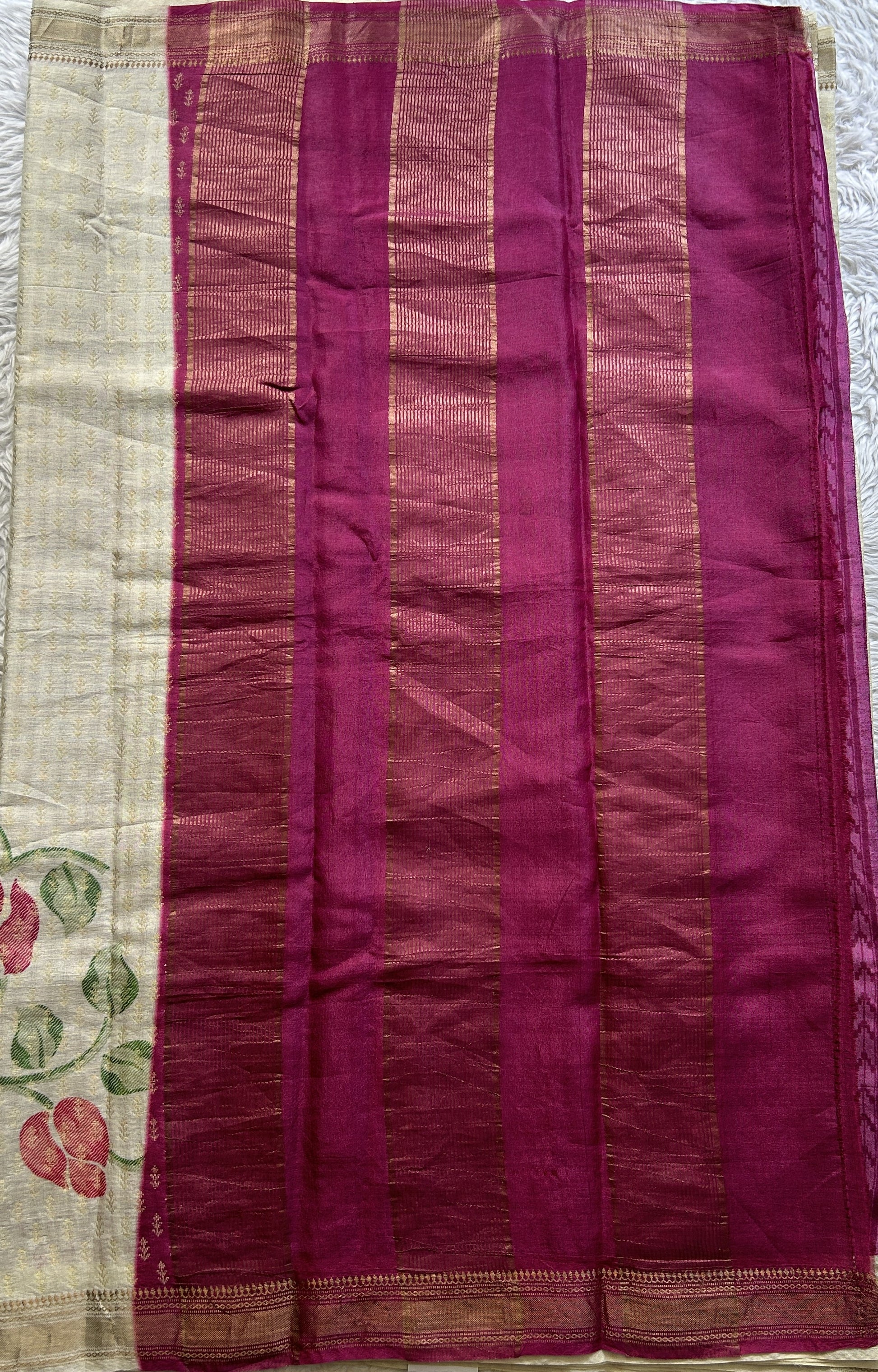 Pure Tussar Silk Saree Cream Color Complemented with a Zari Border. - Sampradaya Designer Studio