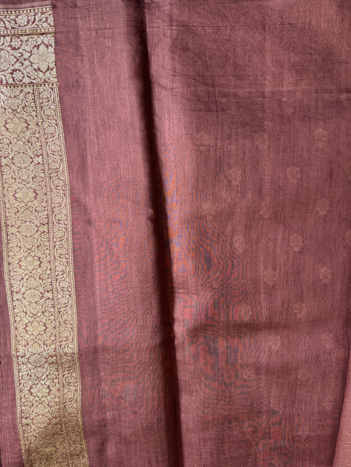 Pure Chiniya Silk Saree Walnut PColored Elegantly Paired with a Gold Zari Border.