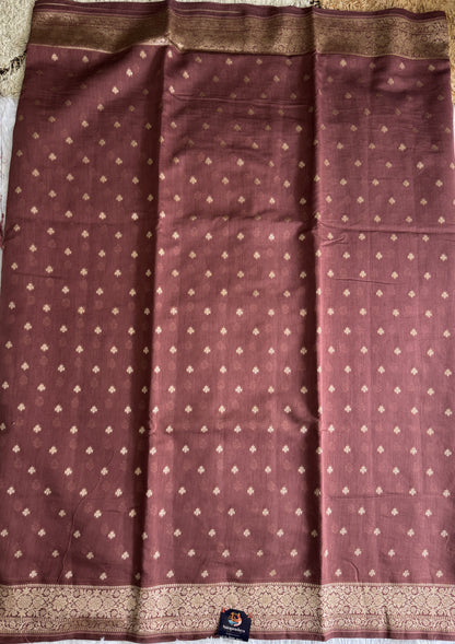 Pure Chiniya Silk Saree Walnut PColored Elegantly Paired with a Gold Zari Border.
