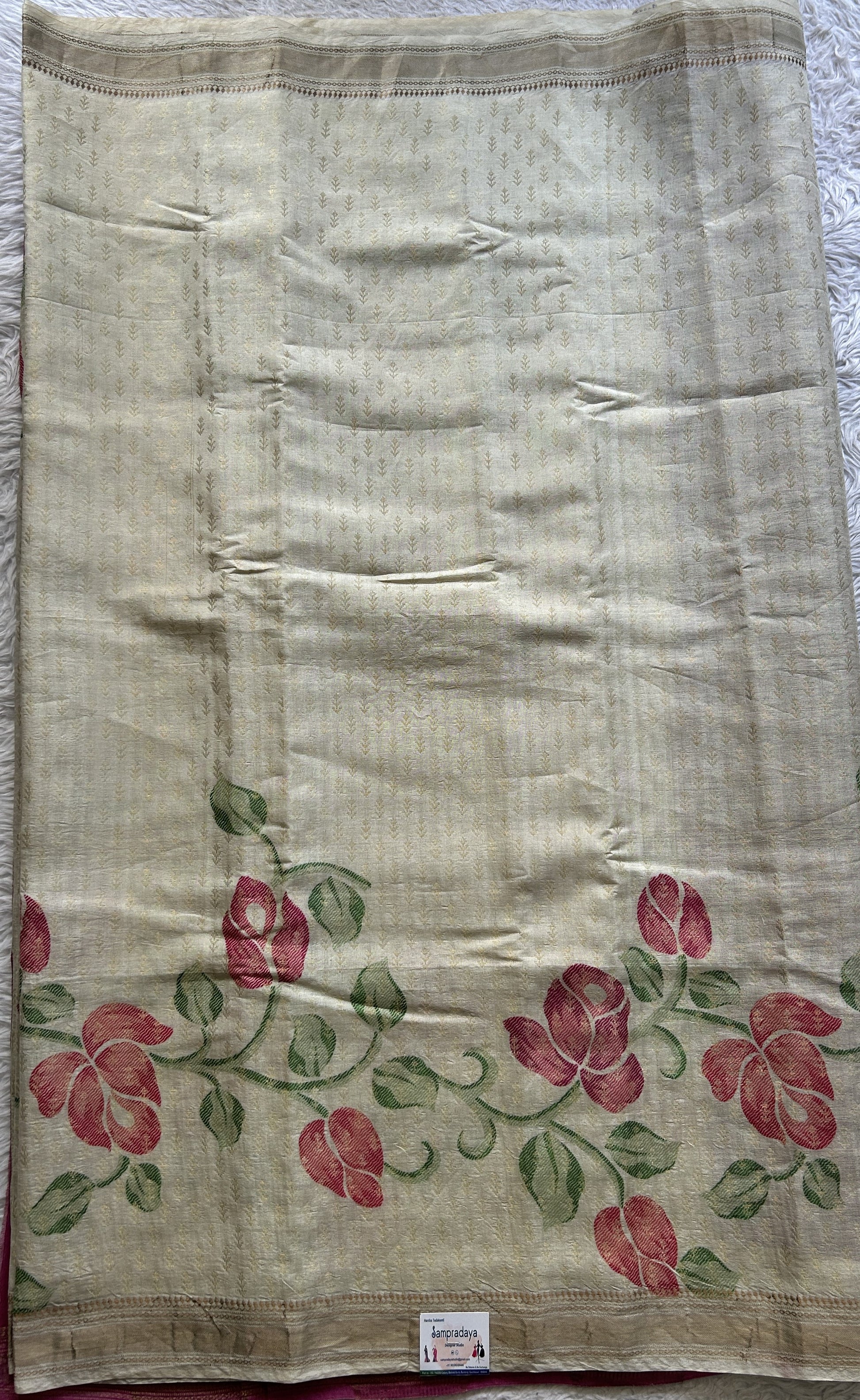 Pure Tussar Silk Saree Cream Color Complemented with a Zari Border. - Sampradaya Designer Studio