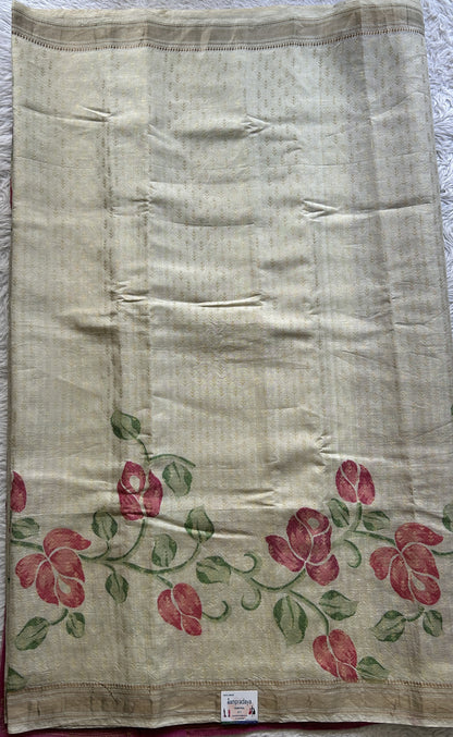 Pure Tussar Silk Saree Cream Color Complemented with a Zari Border. - Sampradaya Designer Studio