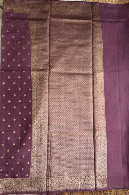 Pure Chiniya Silk Saree warm Plum Colored Elegantly Paired with a Gold Zari Border.