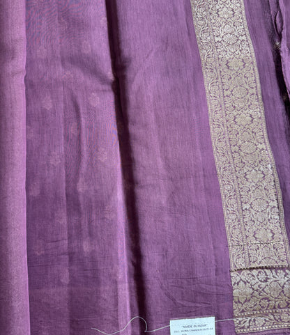 Pure Chiniya Silk Saree warm Plum Colored Elegantly Paired with a Gold Zari Border.