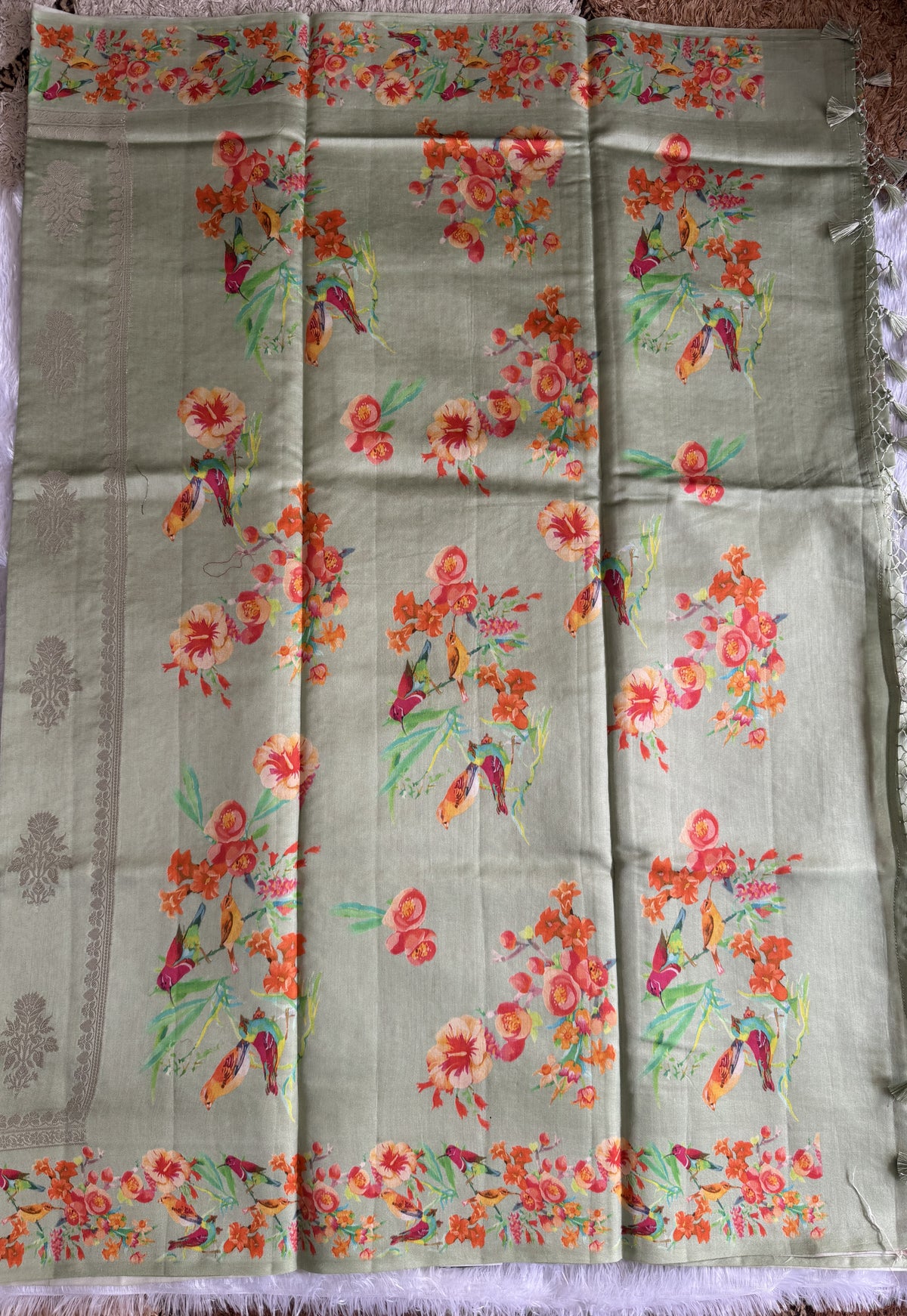 Pure Chiniya Silk Saree Sea Green Colored Elegantly Paired with a Gold Zari Border.