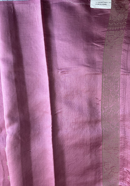 Pure Chiniya Silk Saree Baby Pink Colored Elegantly Paired with a Gold Zari Border.