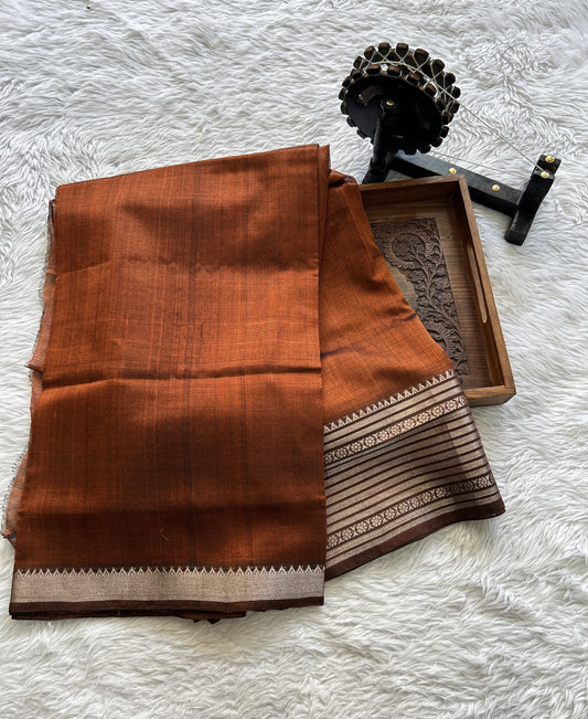 Mangalagiri Plain Pattu Saree Chocolate Brown colored complemented with a Zari Border - Sampradaya Designer Studio