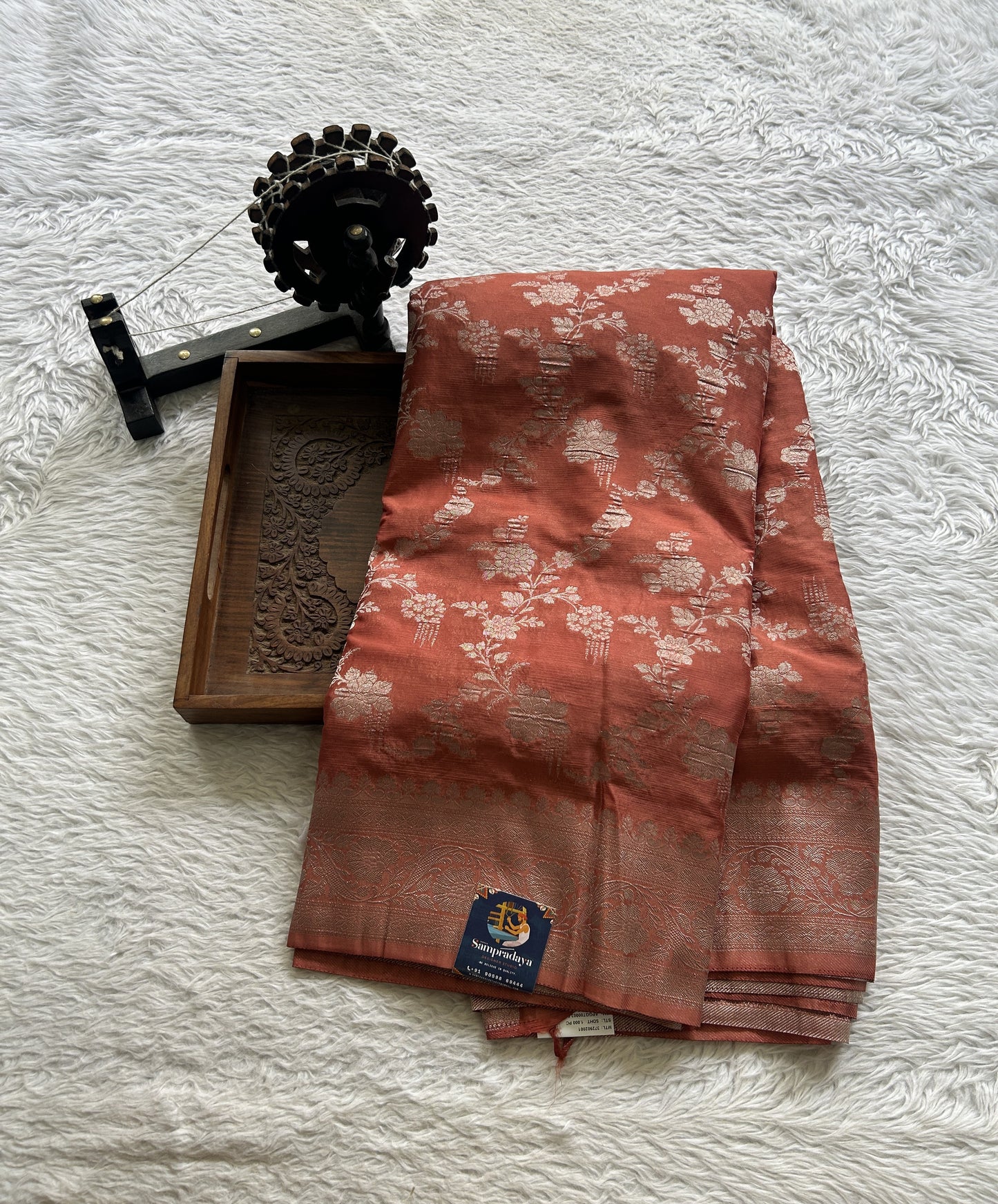 Semi Georgette Saree Dark Peach Colored Elegantly Paired with a Zari Border. - Sampradaya Designer Studio