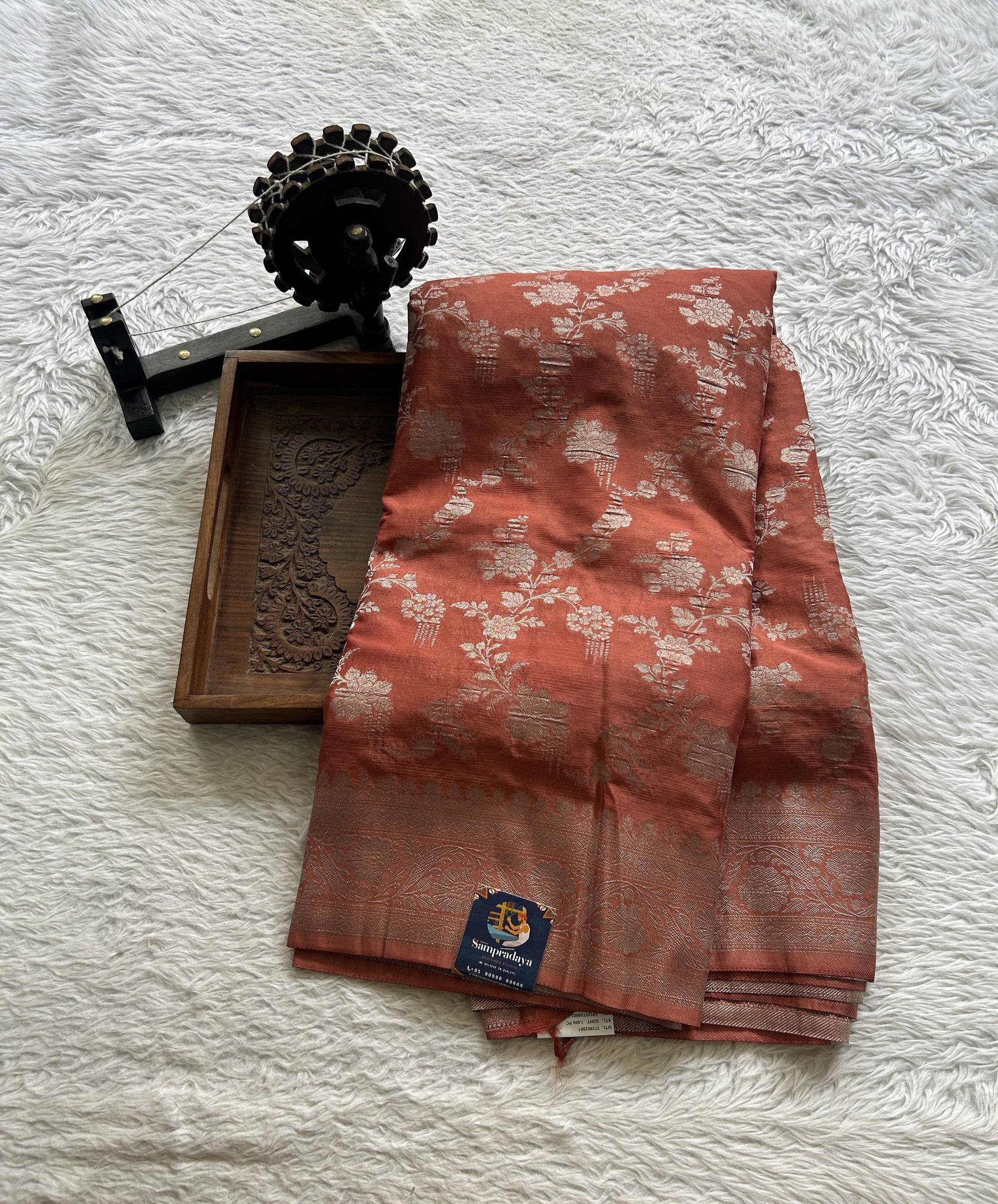 Semi Georgette Saree Dark Peach Colored Elegantly Paired with a Zari Border. - Sampradaya Designer Studio