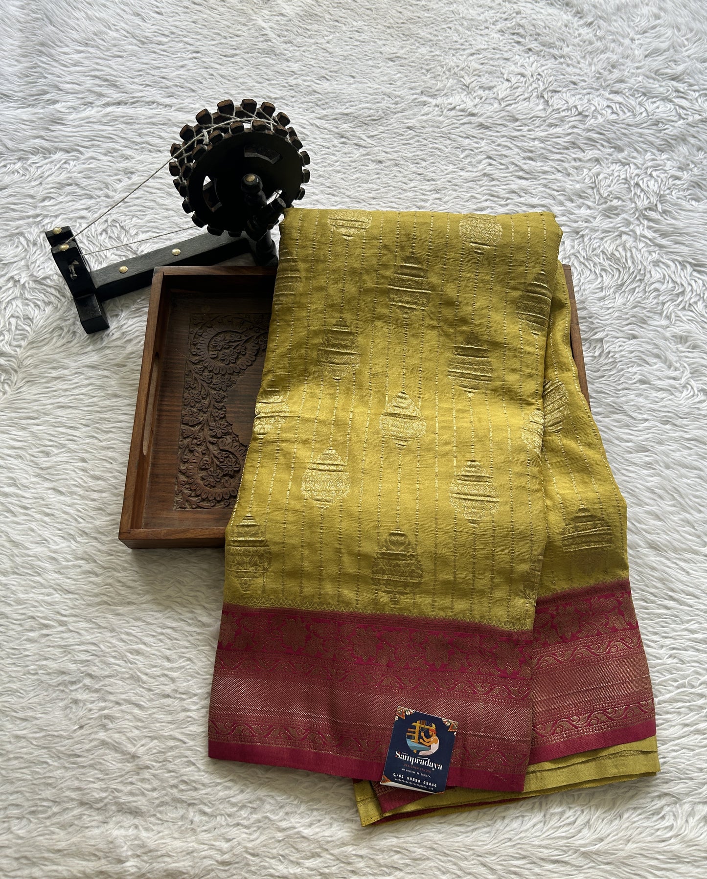Semi Georgette Saree Pear Colored Elegantly Paired with a Zari Border. - Sampradaya Designer Studio