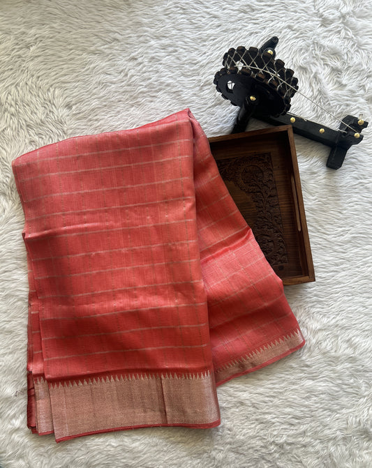 Mangalagiri Checks Pattu Saree Peach colored complemented with a Zari Border - Sampradaya Designer Studio