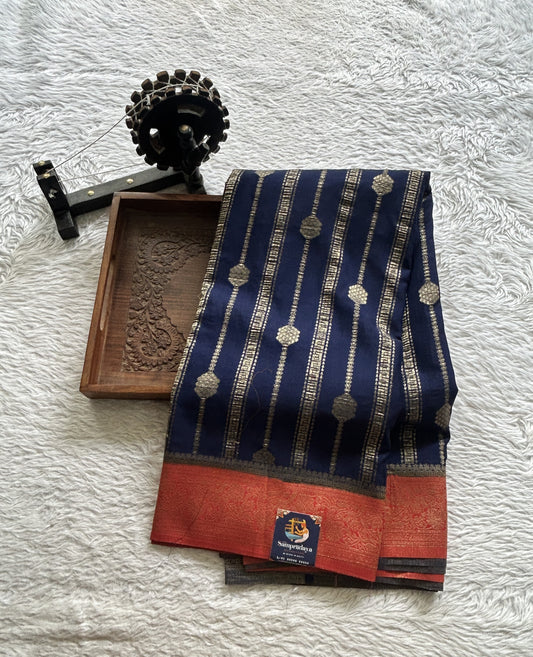 Semi Georgette Saree Ink Blue Colored Elegantly Paired with a Zari Border. - Sampradaya Designer Studio