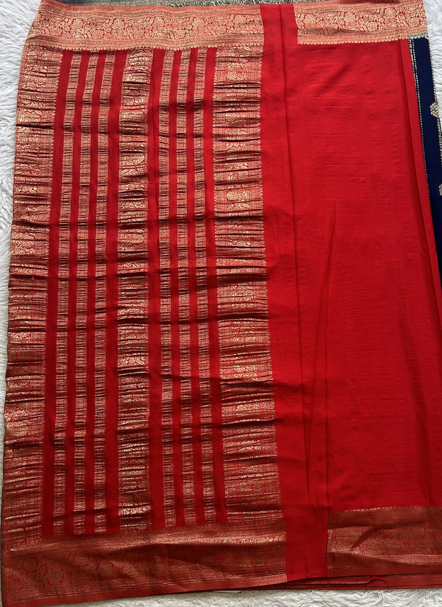Semi Georgette Saree Ink Blue Colored Elegantly Paired with a Zari Border. - Sampradaya Designer Studio