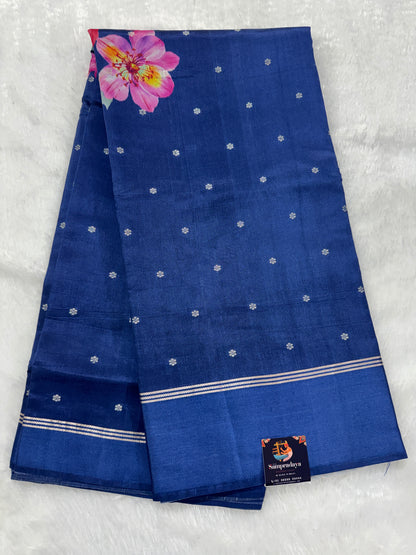 Pure Chiniya Silk Saree Navy Blue Colored Elegantly Paired with a Gold Zari Border.