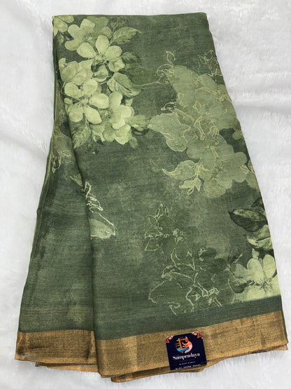 Pure Chiniya Silk Saree Olive Colored Elegantly Paired with a Gold Zari Border.