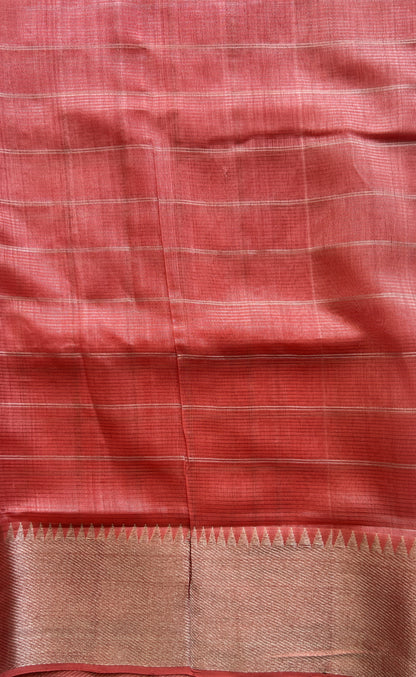 Mangalagiri Checks Pattu Saree Peach colored complemented with a Zari Border - Sampradaya Designer Studio