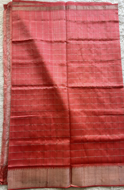 Mangalagiri Checks Pattu Saree Peach colored complemented with a Zari Border - Sampradaya Designer Studio